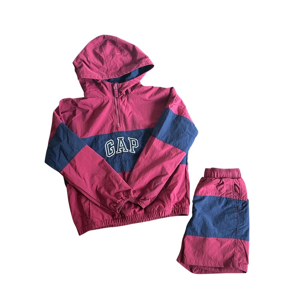 Gap Kids Maroon Navy Blue‎ 90s Colorblock Windbreaker Jacket and Shorts Set M/S